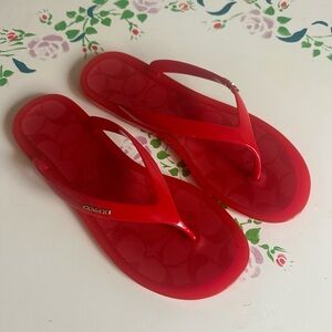 Coach Red Jelly Thong Sandals with Logo Accent